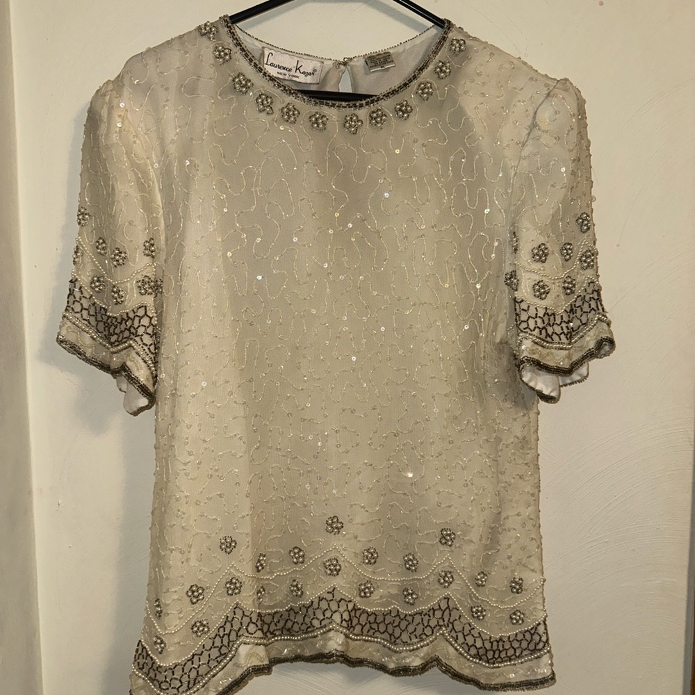Vintage Laurence Kazar Ivory Beaded Silk Blouse Size XL